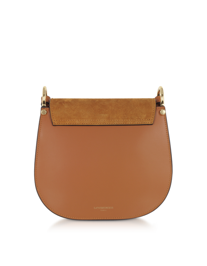 Brown leather handbag with suede flap and gold hardware