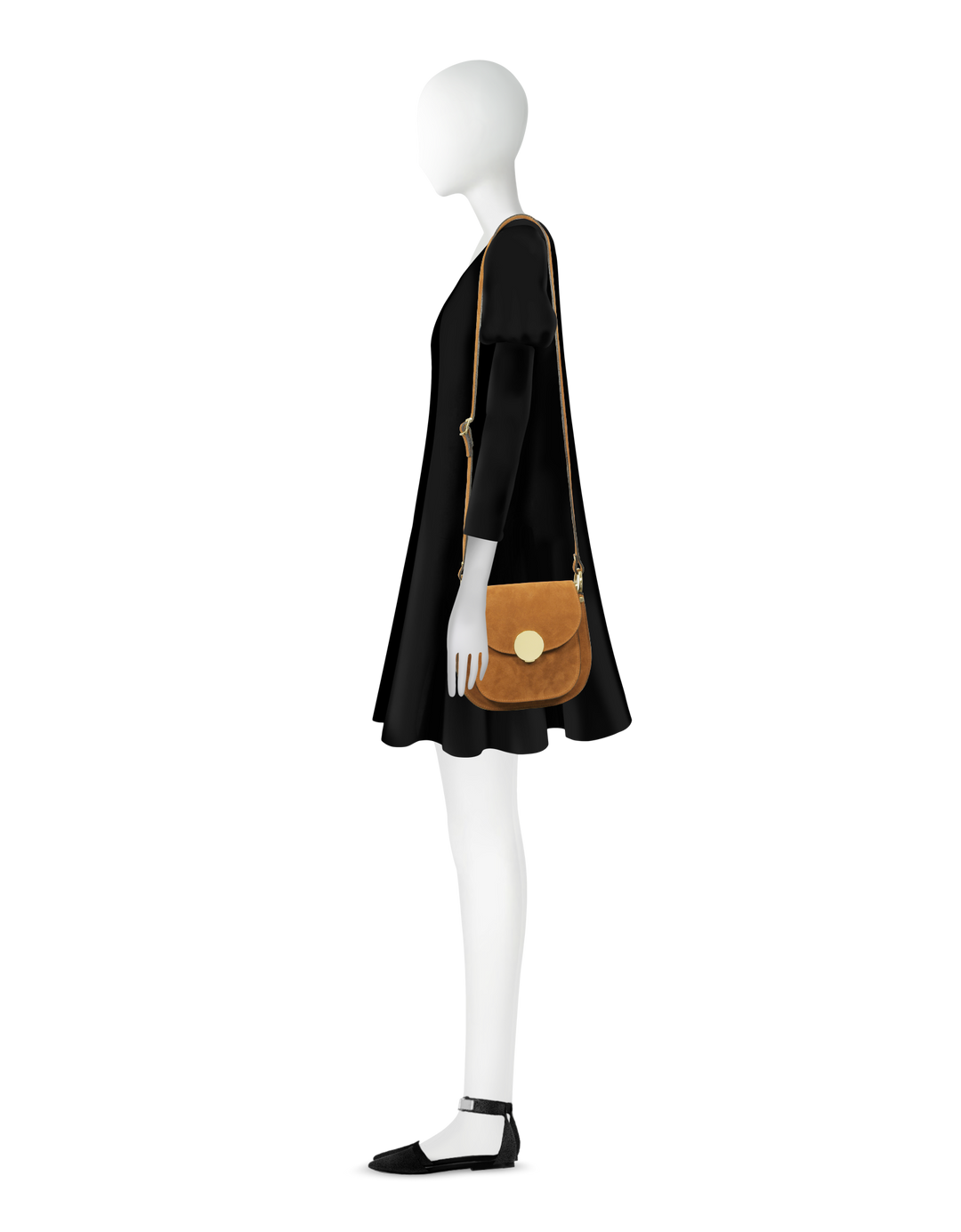 Side view of mannequin with black dress and brown crossbody bag