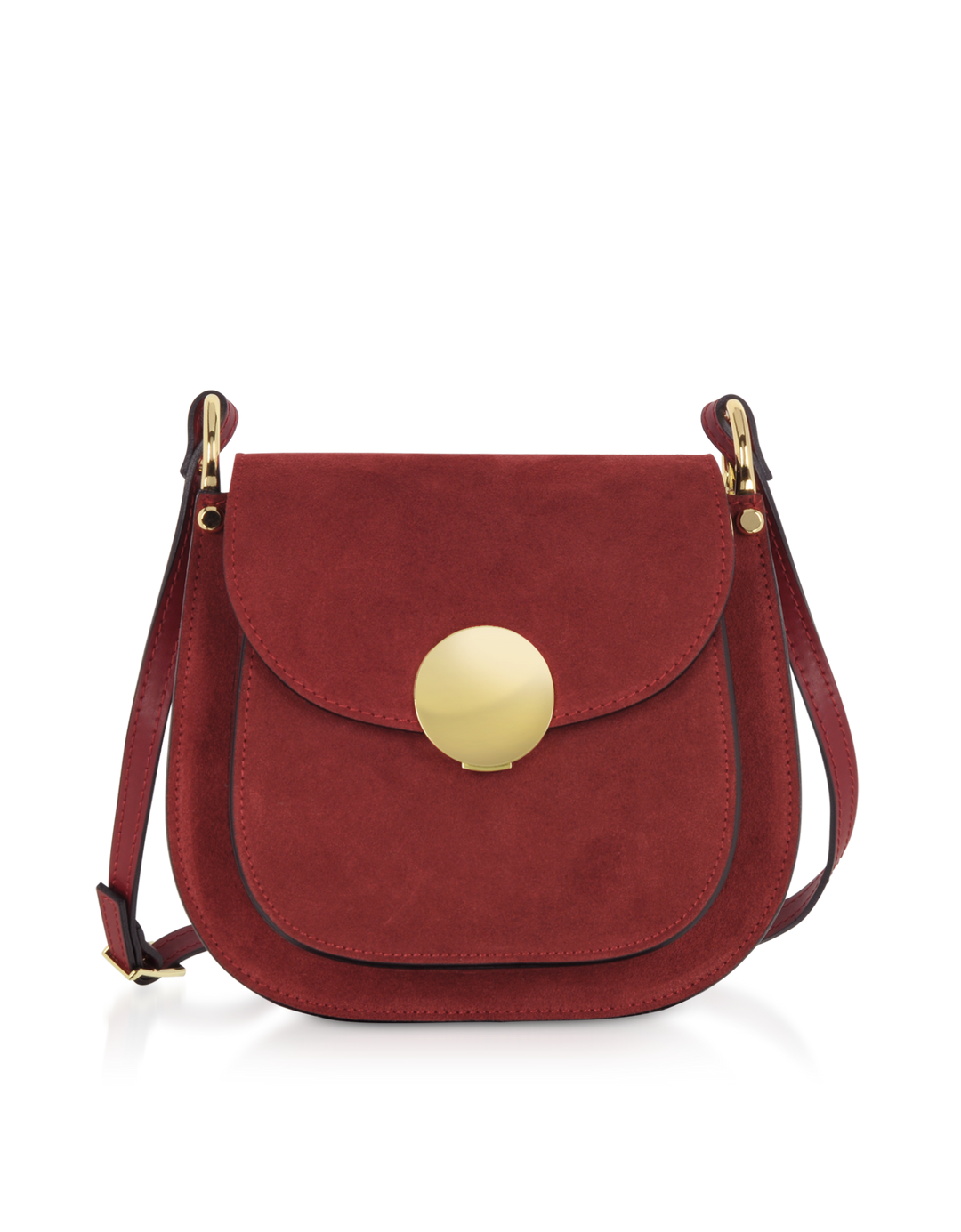 Red suede crossbody bag with gold hardware and circular clasp