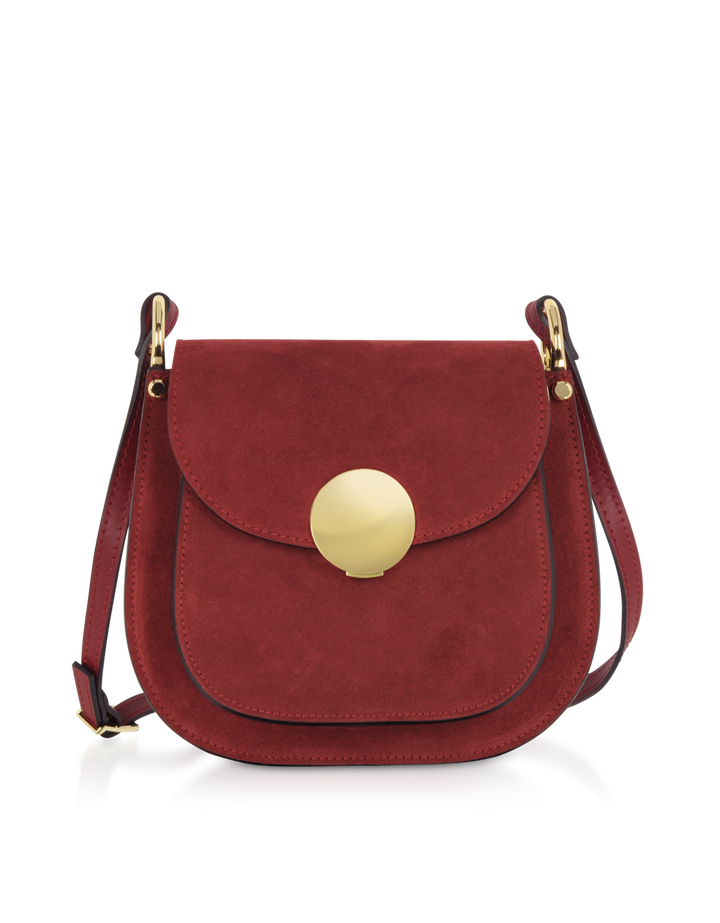 Red suede crossbody bag with gold hardware and circular clasp