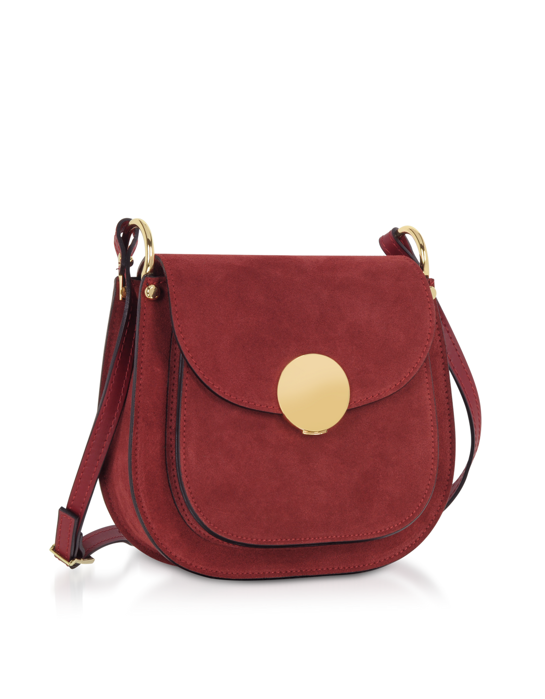 Red suede crossbody bag with a gold circular clasp and adjustable strap