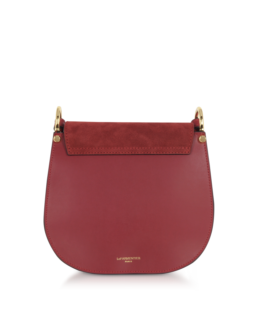 Red leather handbag with gold hardware and suede flap