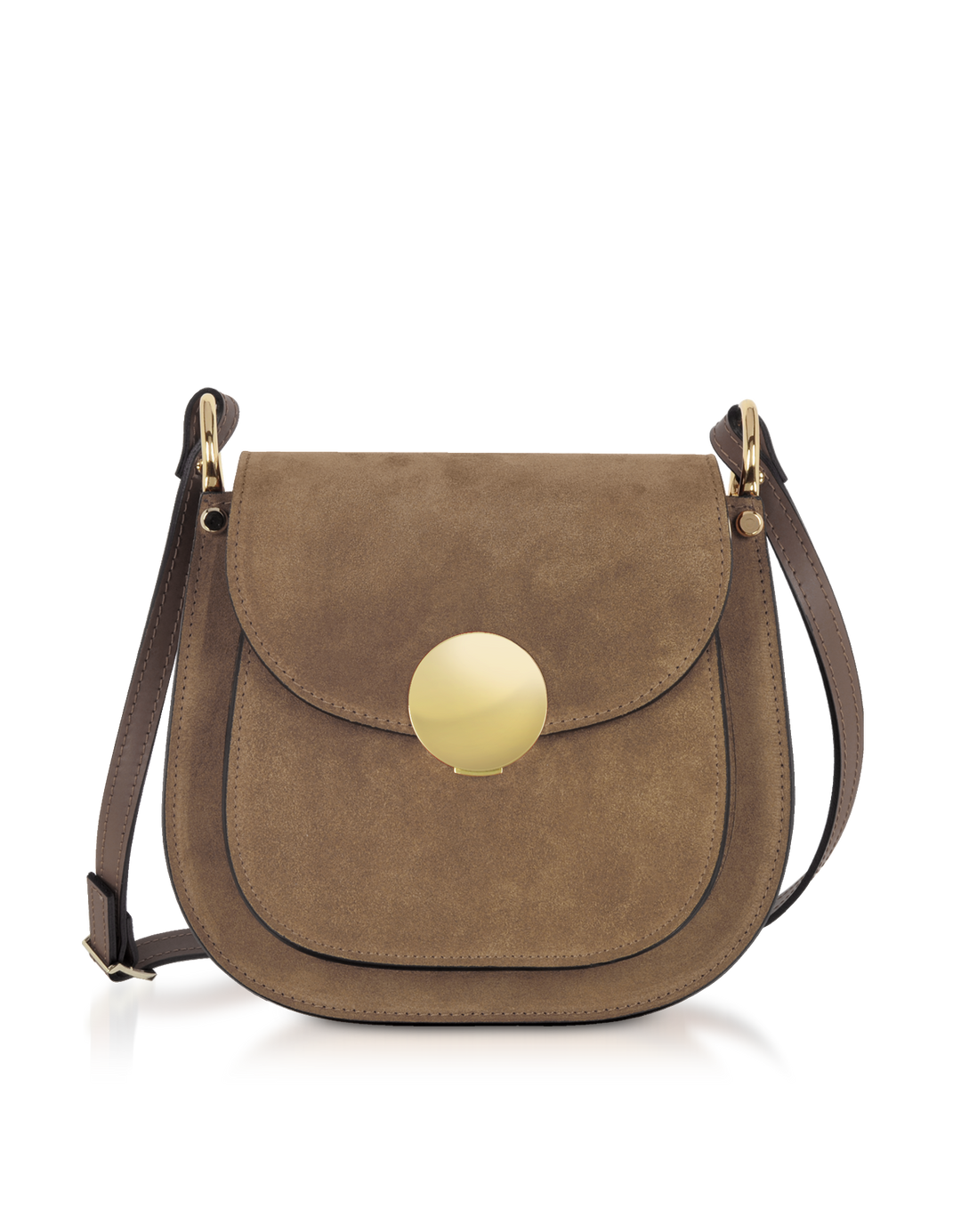 Brown suede crossbody bag with gold round clasp and adjustable dark brown strap