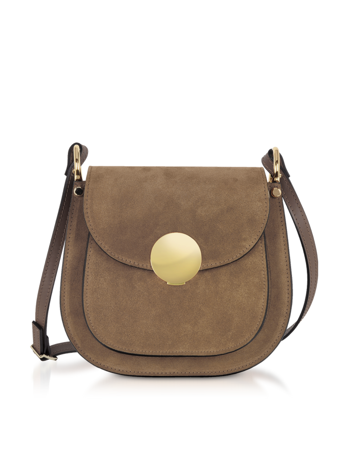 Brown suede crossbody bag with gold round clasp and adjustable dark brown strap