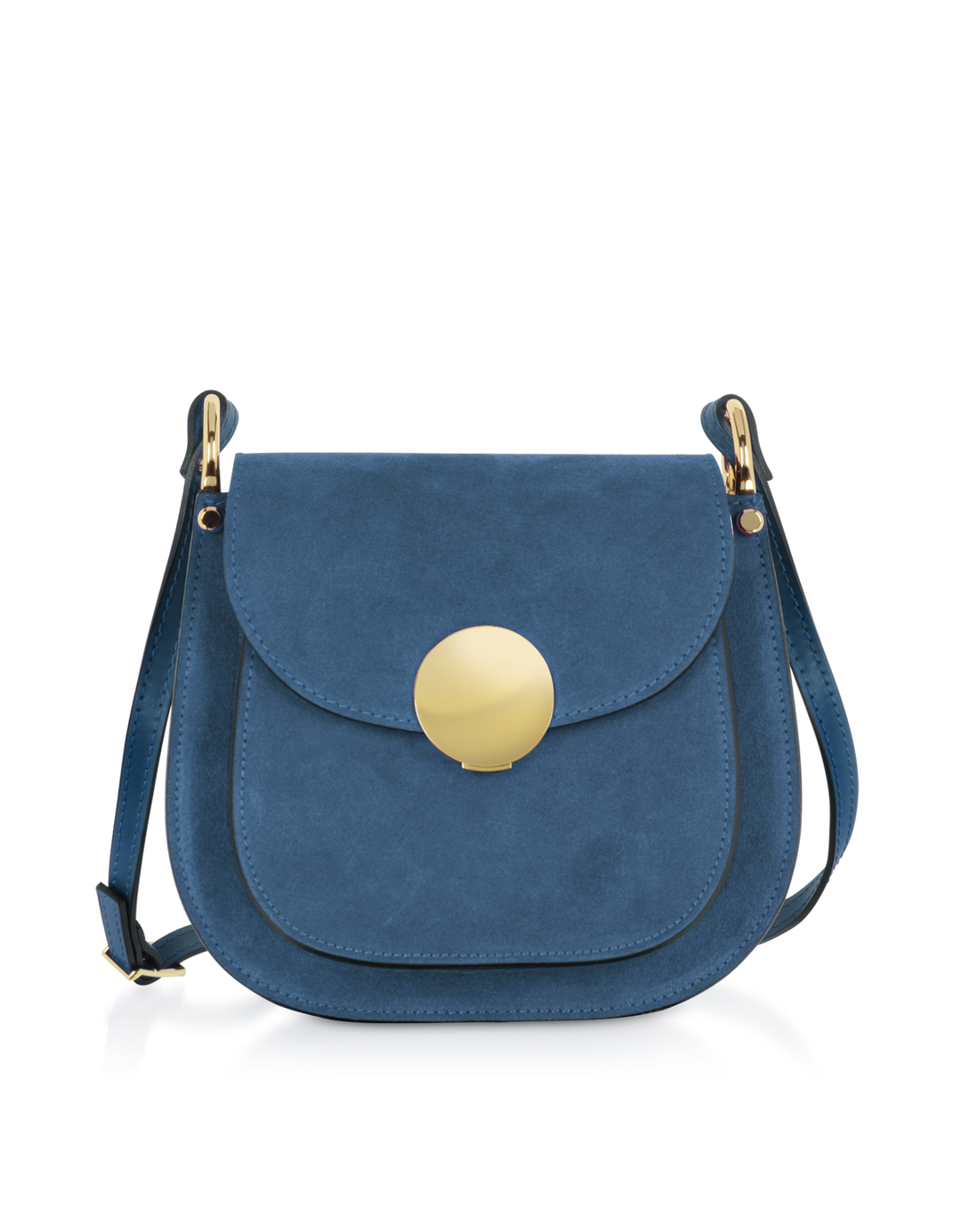 Stylish blue suede crossbody bag with gold hardware and oversized clasp