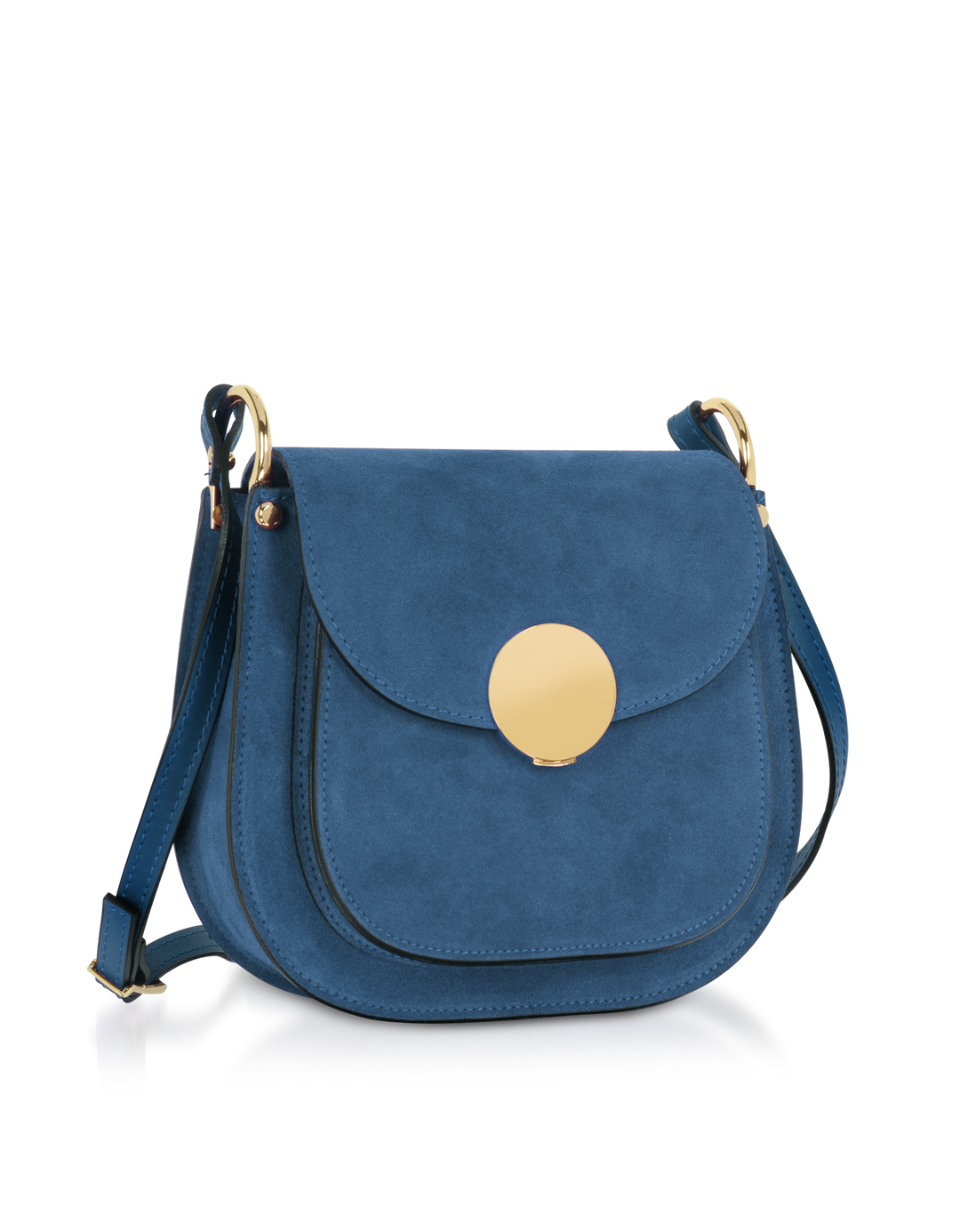 Blue suede crossbody handbag with gold accent