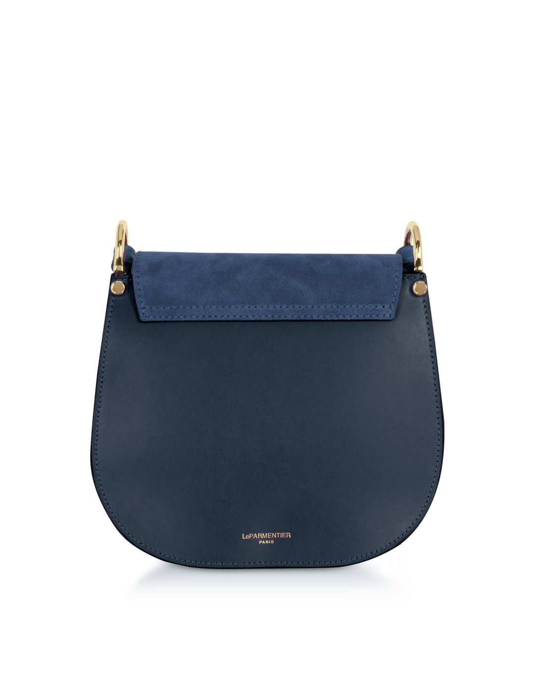 Navy blue designer leather handbag with gold accents