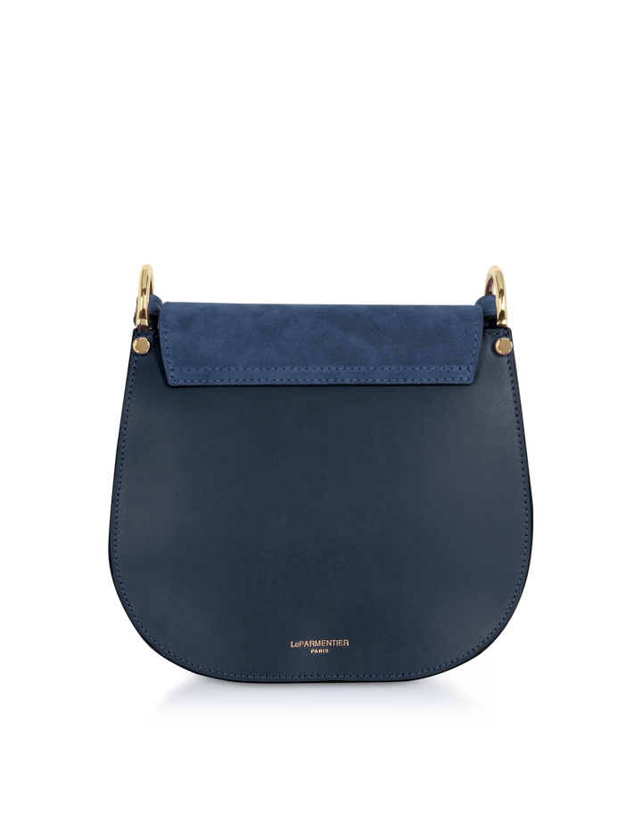 Navy blue designer leather handbag with gold accents