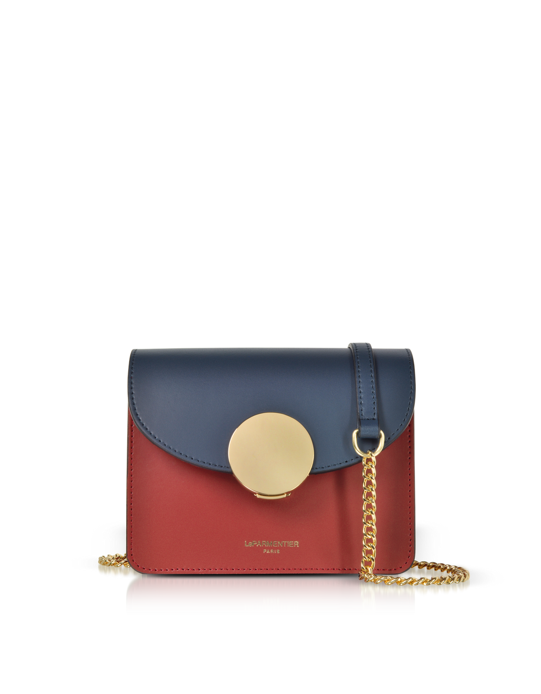 Color-block leather handbag with gold chain strap and clasp