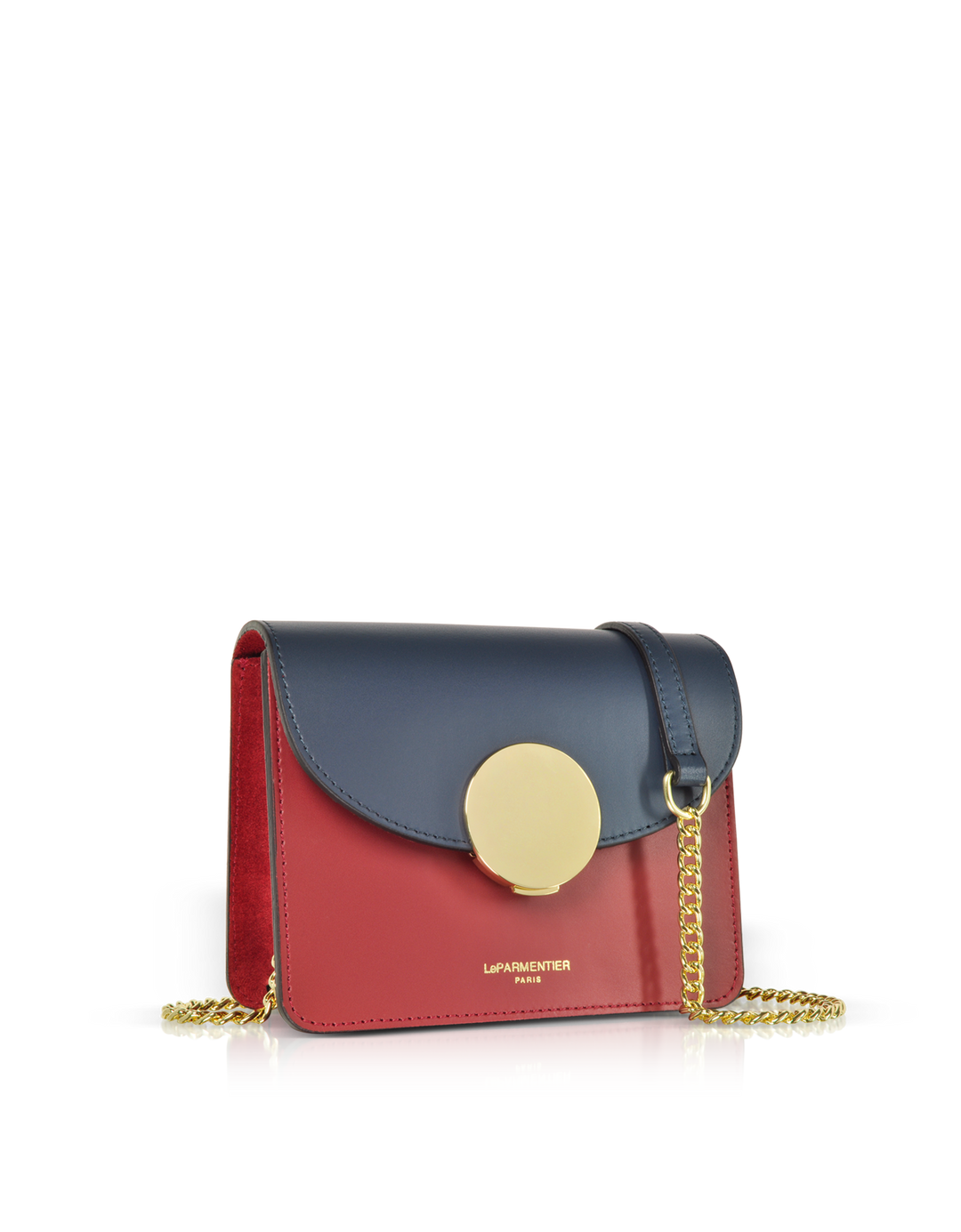 Red and blue leather handbag with gold chain strap and circular clasp