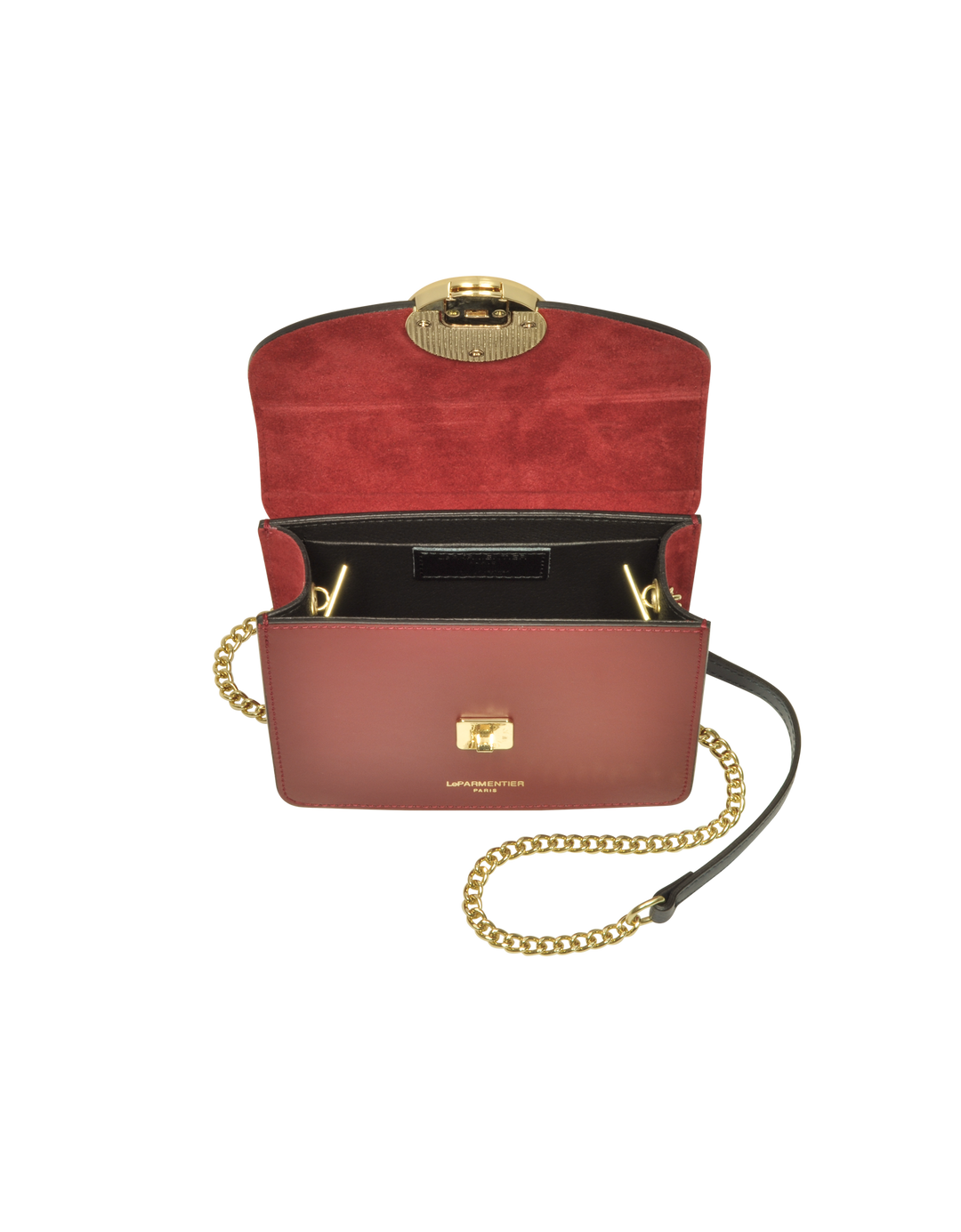 Luxury red leather handbag with gold chain strap and open flap revealing interior compartments