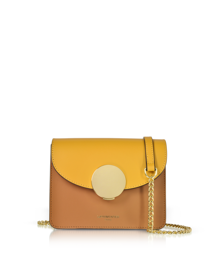 Two-tone leather crossbody bag with gold chain strap and circular clasp