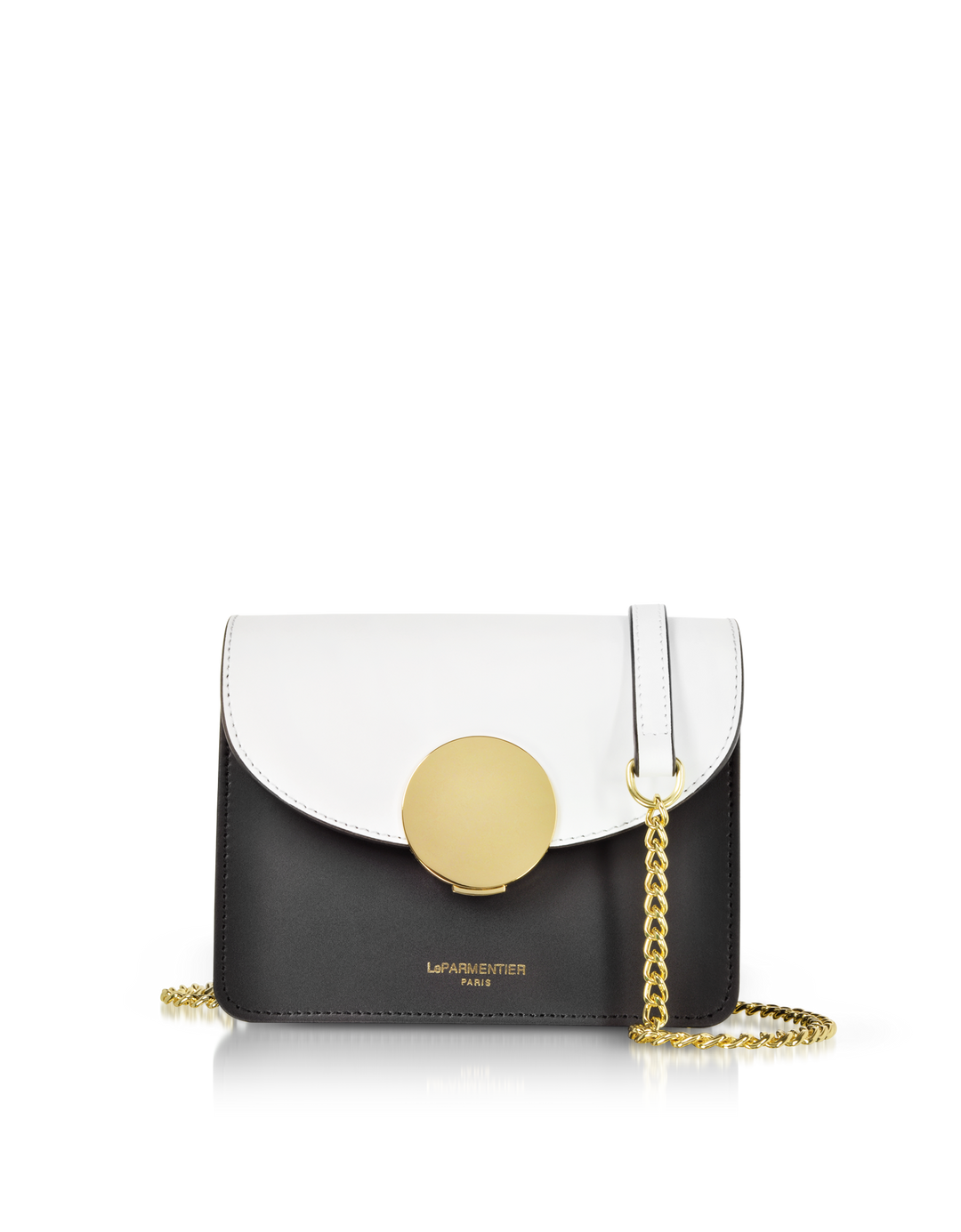 Black and white designer handbag with gold chain and round clasp