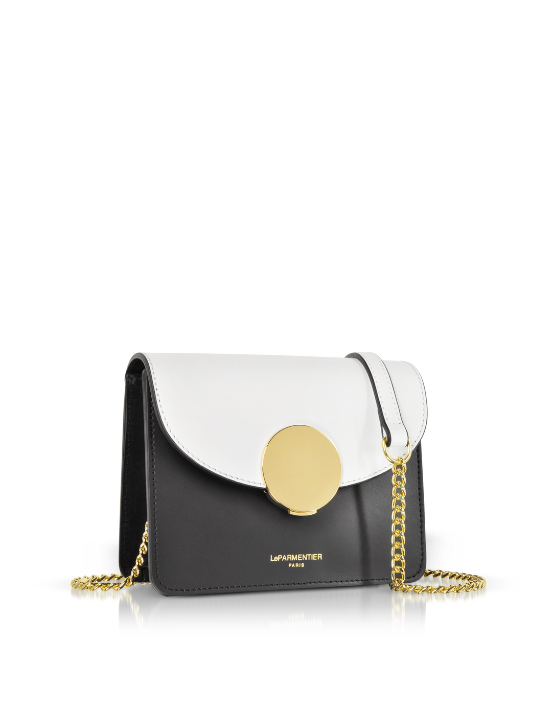 Black and white designer handbag with gold chain strap and clasp