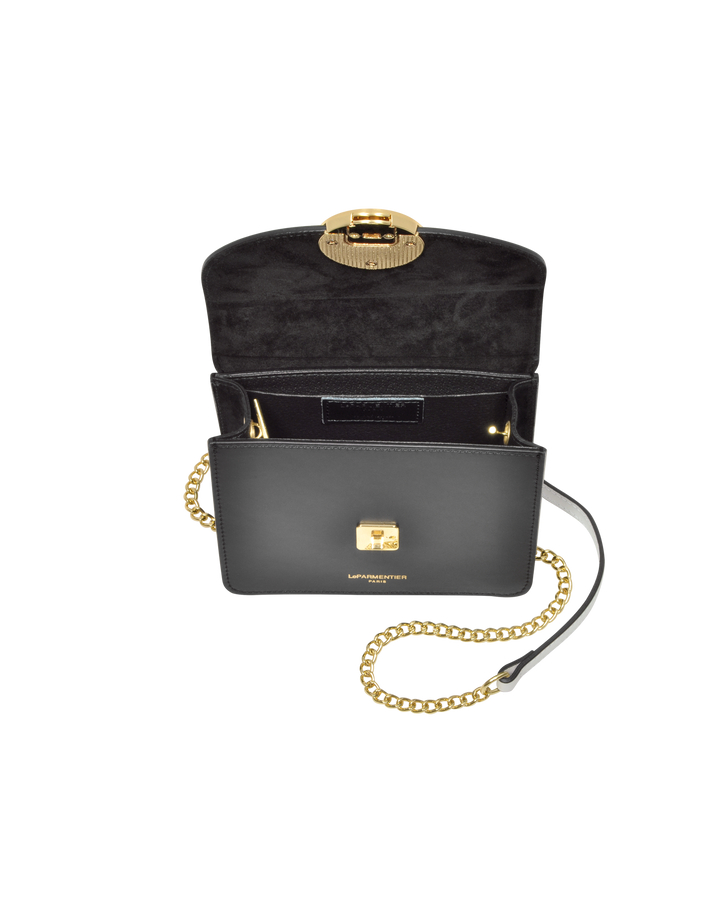 Luxury black leather handbag with gold chain strap and clasp