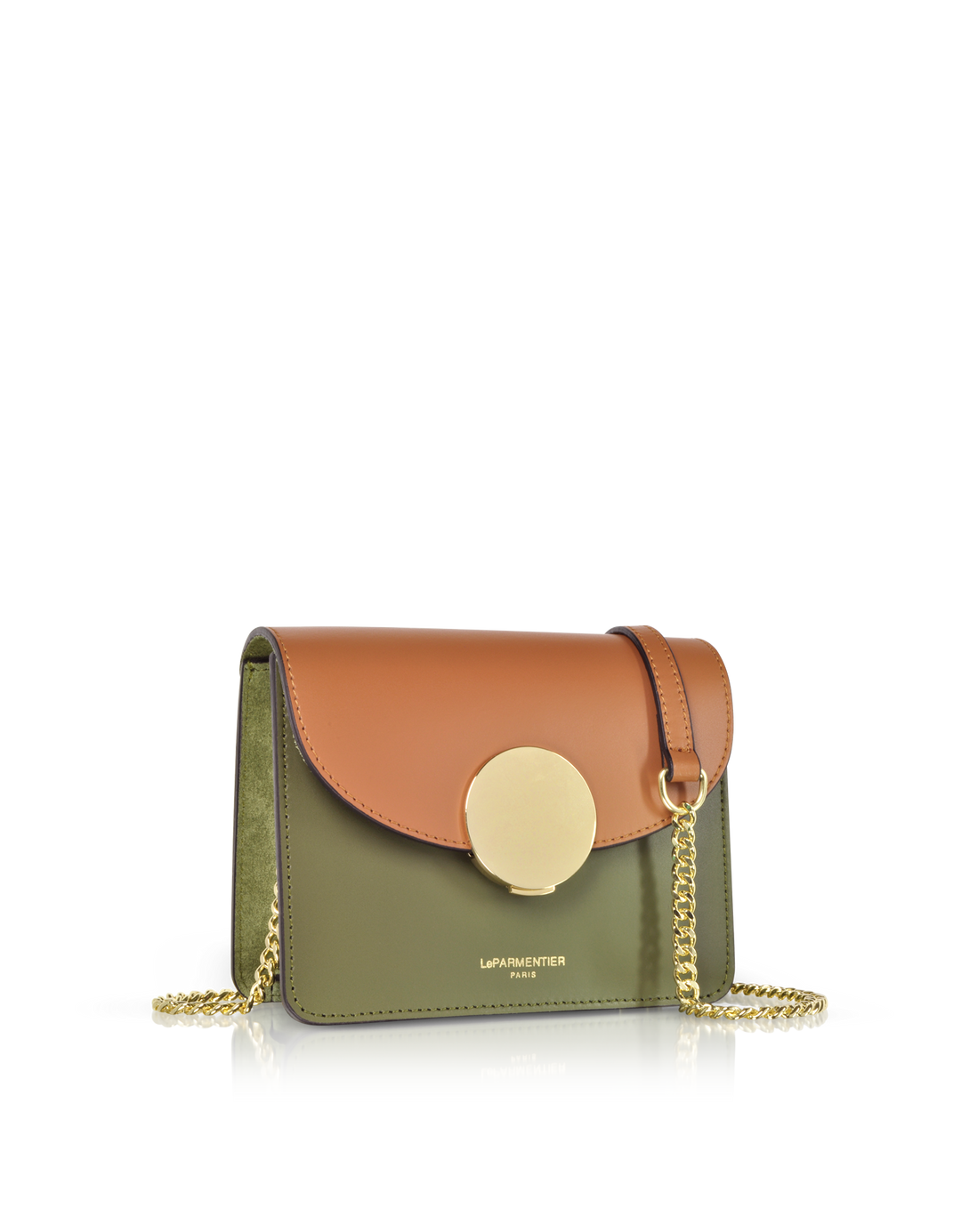 Green and brown leather handbag with gold chain strap and round clasp