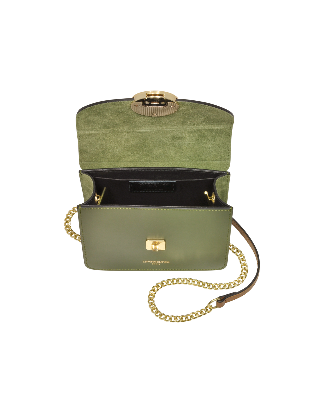 Open green leather crossbody bag with gold chain strap and clasp