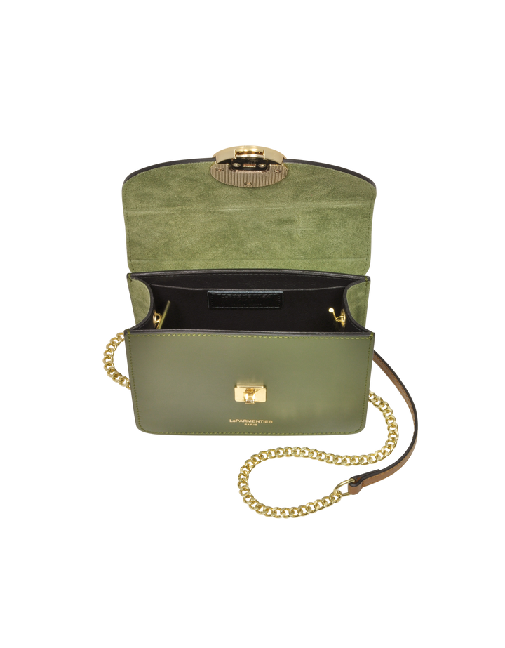 Open green leather crossbody bag with gold chain strap and clasp