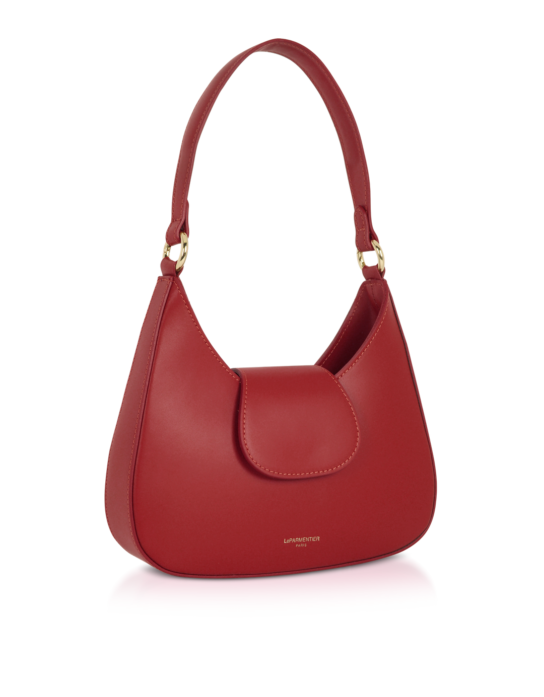 Red handbag with gold hardware and a structured handle against a white background