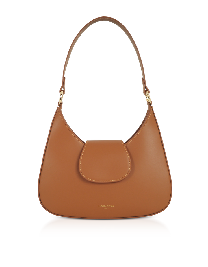 Brown leather handbag with a curved design and a top handle