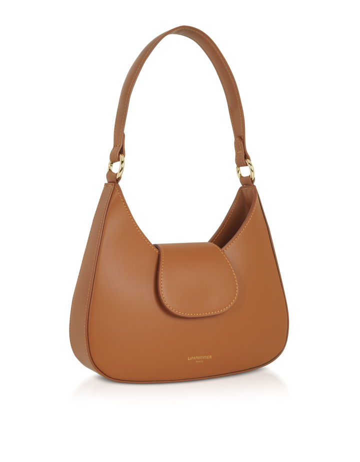 Brown leather handbag with gold accents and a curved top handle