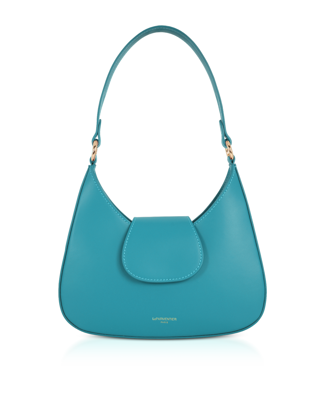 Turquoise leather handbag with curved design and gold hardware