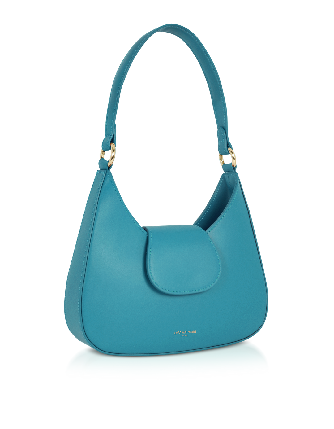 Turquoise leather handbag with gold accents and top handle