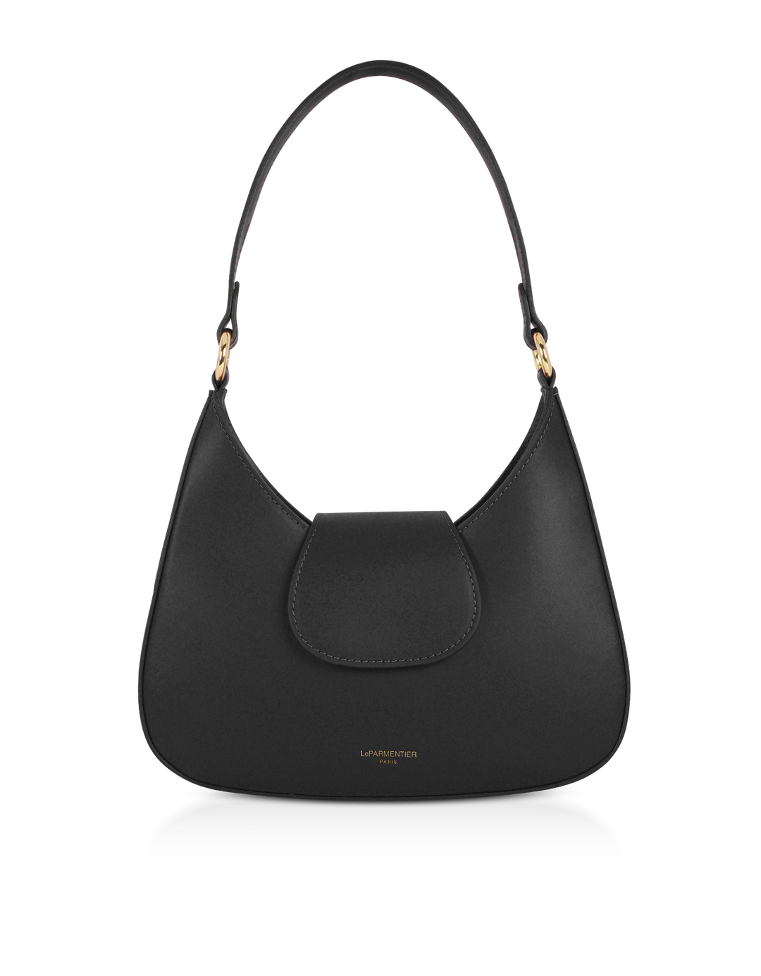 Sleek black designer handbag with gold accents and shoulder strap