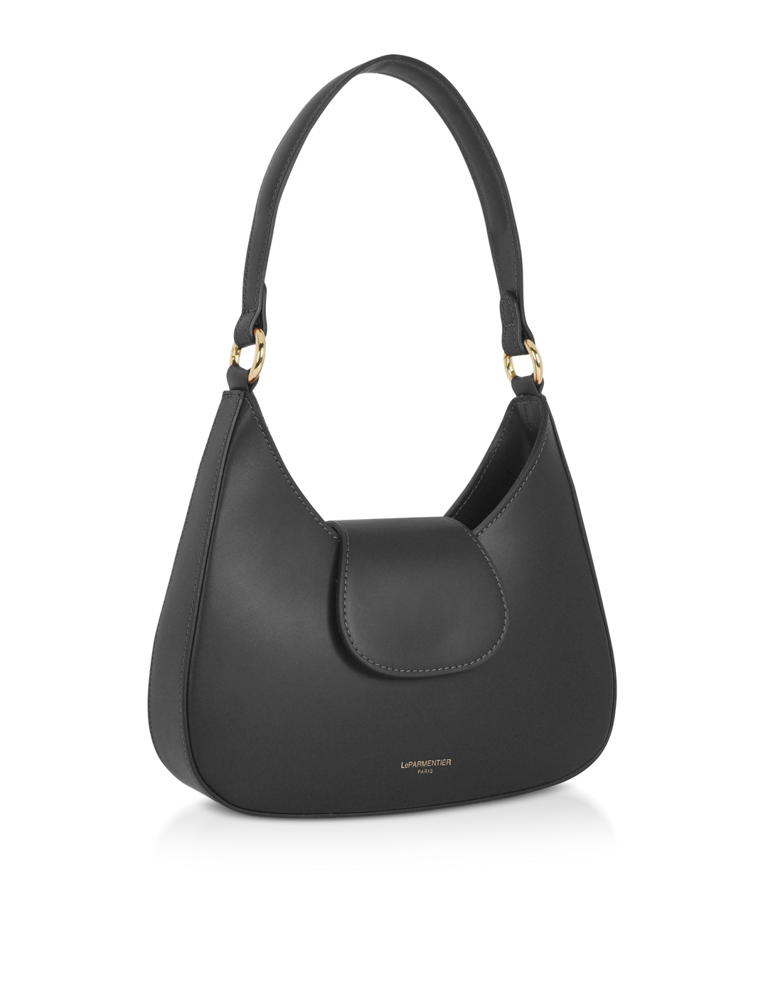 Stylish black leather handbag with shoulder strap and gold accents