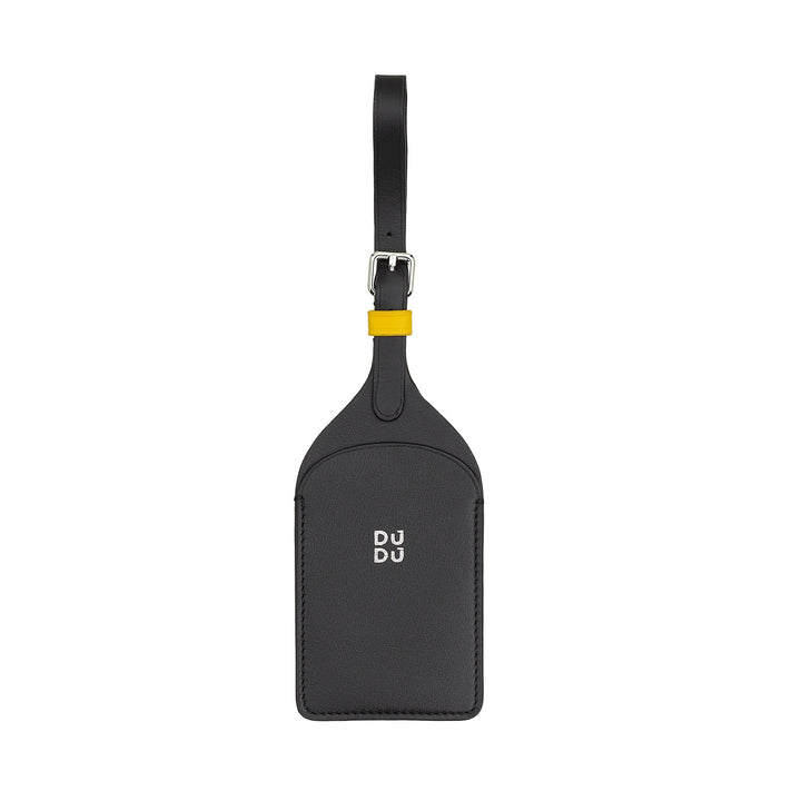 Black leather luggage tag with yellow accent and buckle strap