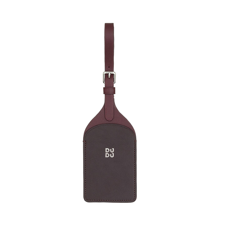 Brown leather luggage tag with adjustable strap and DU DU branding