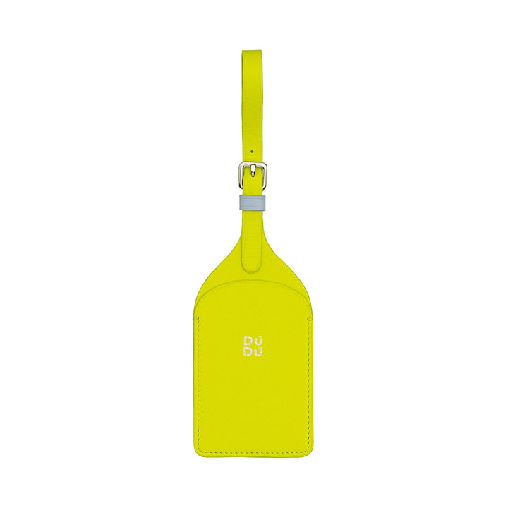 Bright yellow leather luggage tag with adjustable strap and silver buckle