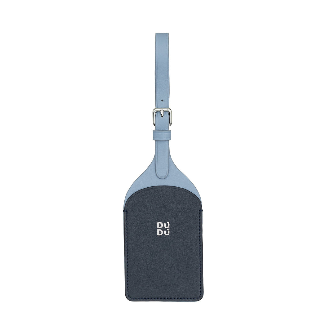 Blue leather luggage tag with adjustable strap and logo
