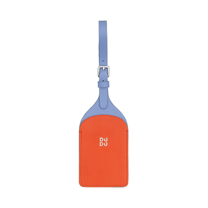 Orange and blue leather luggage tag with DuDu logo
