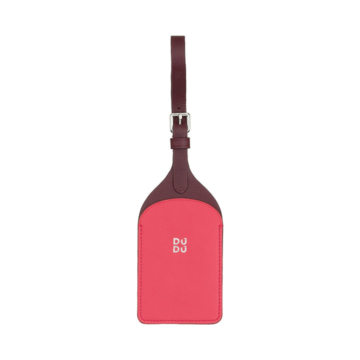 Red and burgundy leather luggage tag with buckle strap attachments