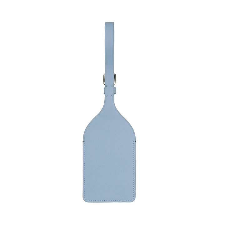 Light blue leather luggage tag with strap and buckle