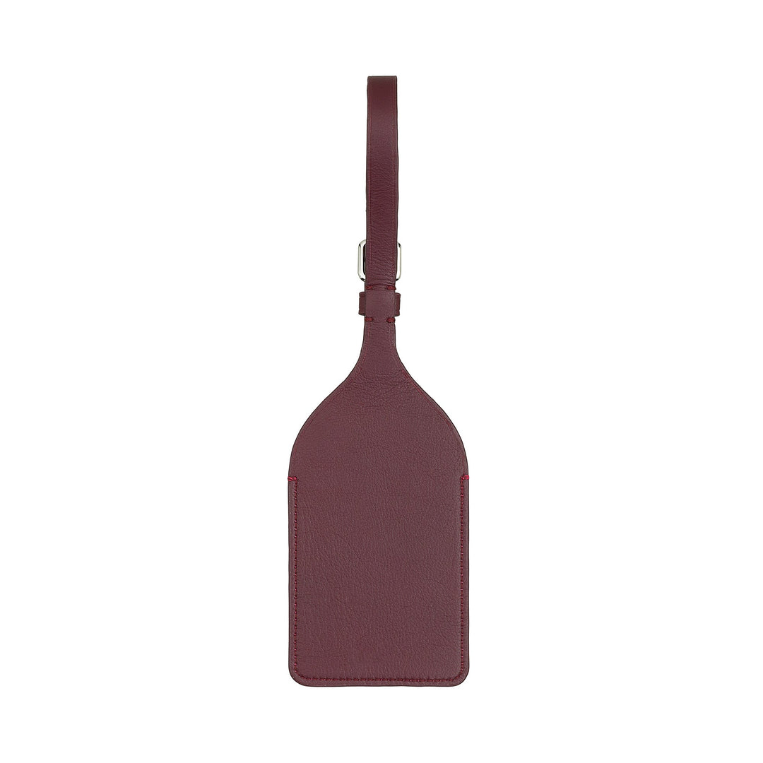 Dark red leather luggage tag with strap and buckle on white background