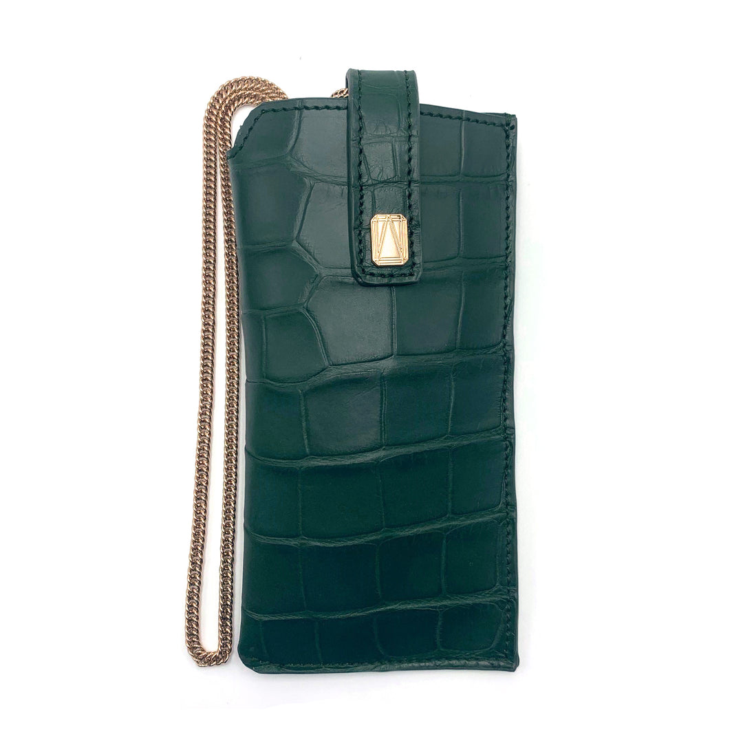 Green crocodile leather phone case with gold chain