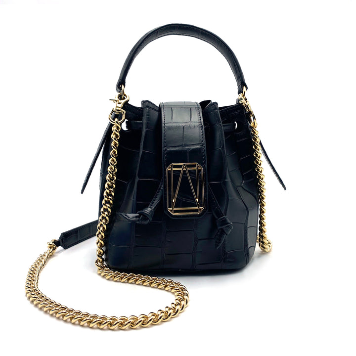 Elegant black leather handbag with gold chain strap and embossed texture