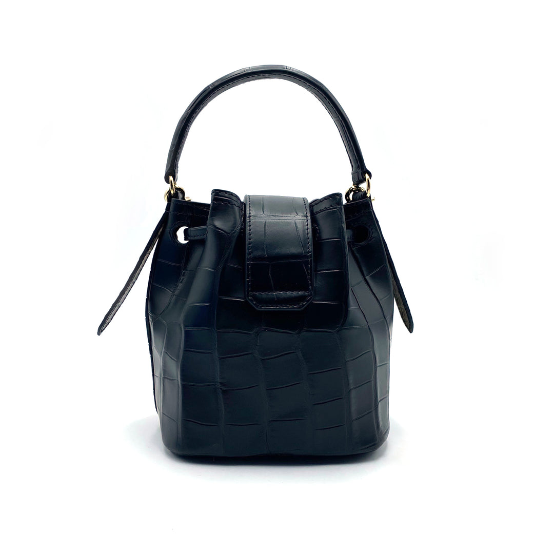 Black leather handbag with crocodile pattern and top handle