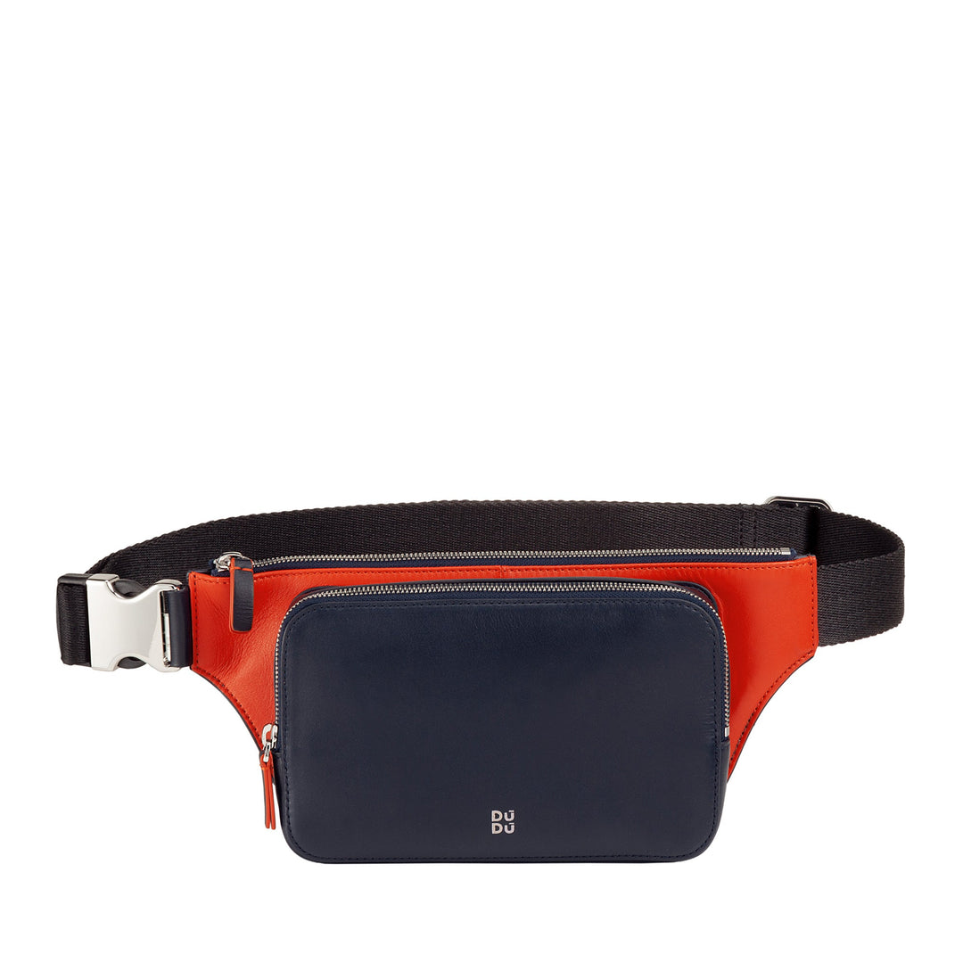 Red and black leather fanny pack with zipper and silver buckle clasp