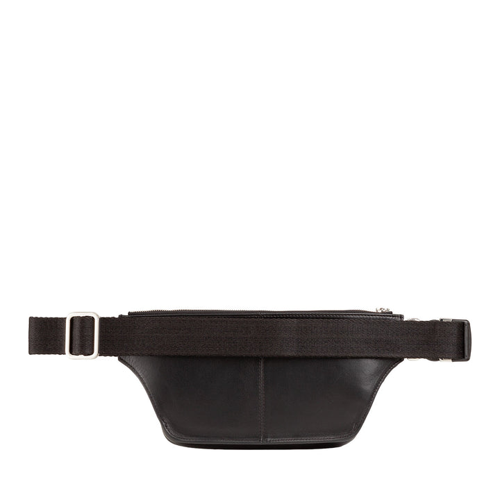 Black leather fanny pack with adjustable strap and zipper closure