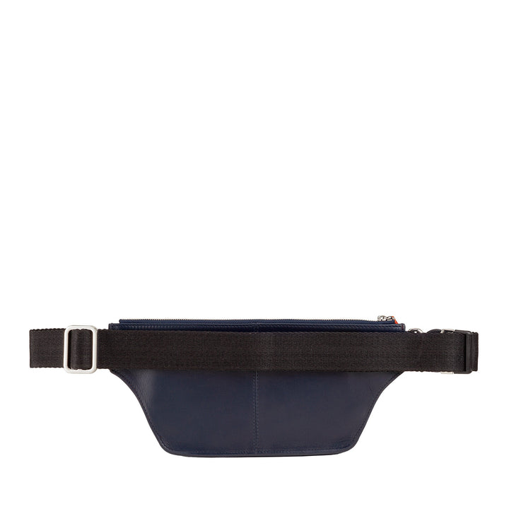 Navy blue leather fanny pack with adjustable black strap and zipper closure