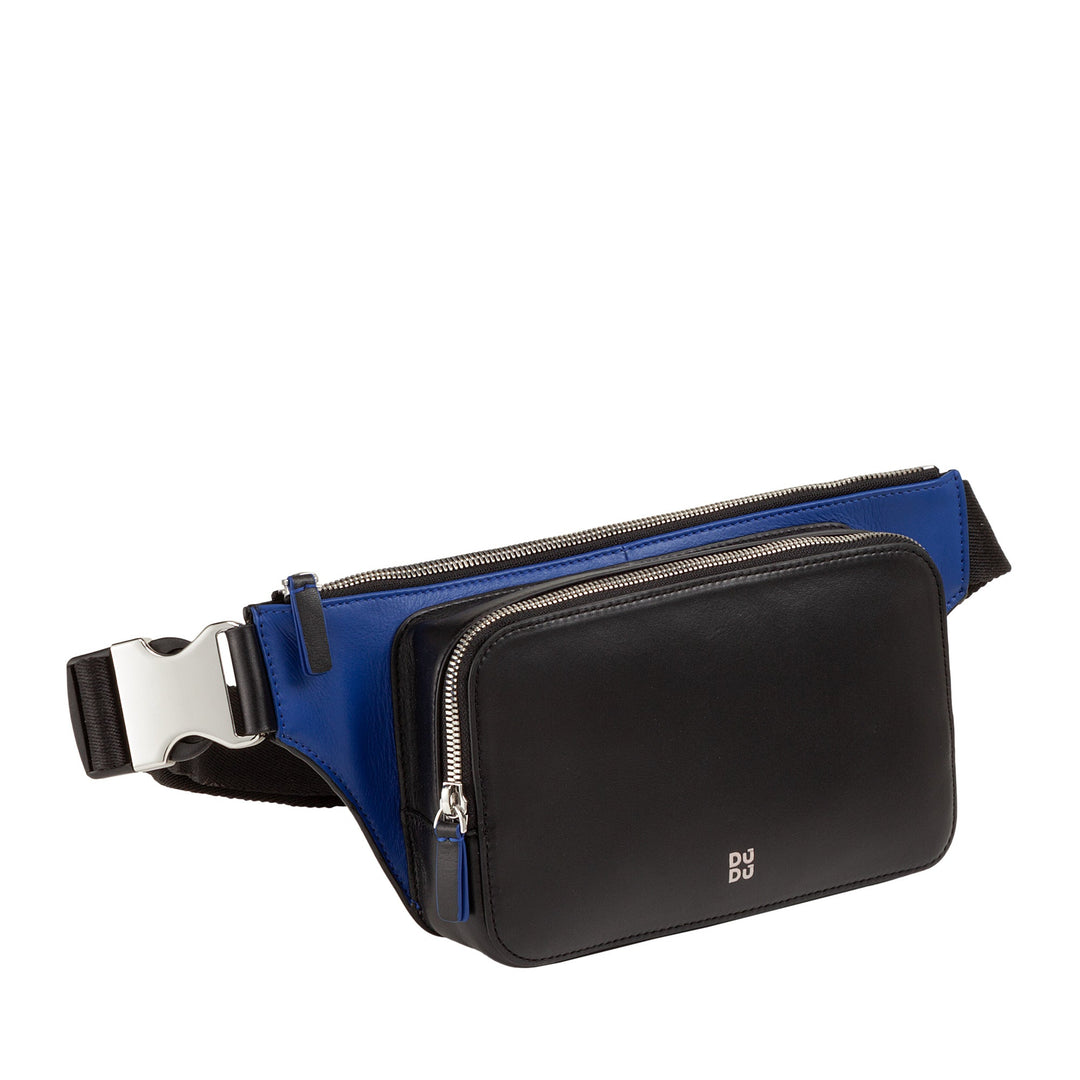 Black and blue leather belt bag with zip closures and adjustable strap