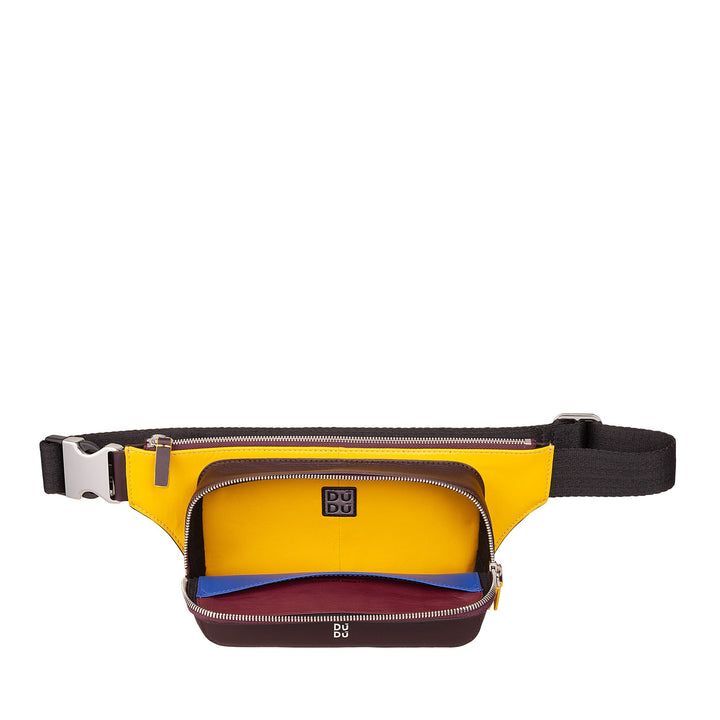 Yellow and brown leather fanny pack with front zipper pocket and adjustable strap