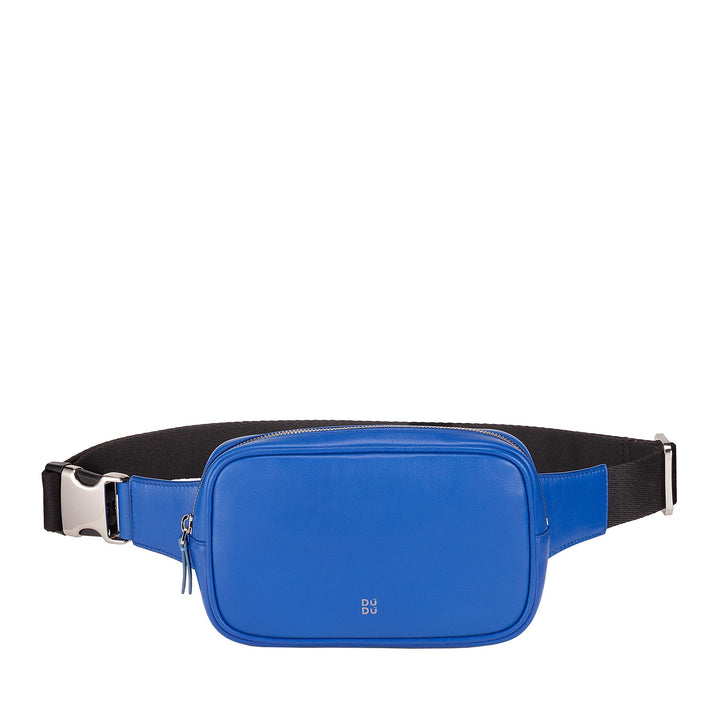 Blue leather fanny pack with black adjustable strap and silver buckle