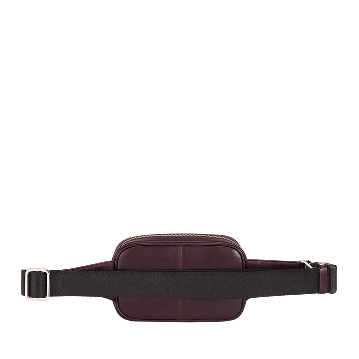 Maroon leather waist bag with adjustable black strap