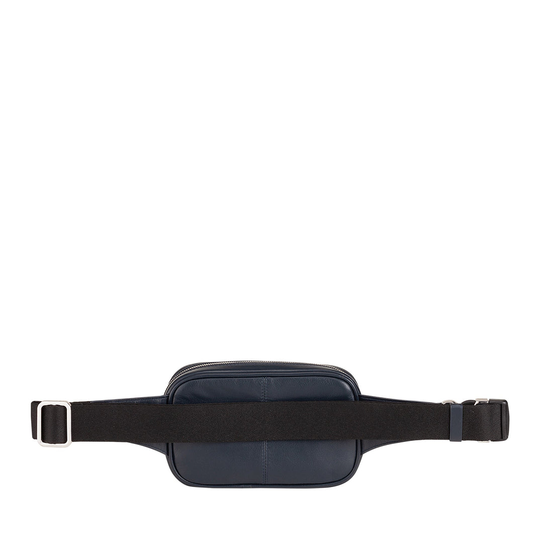 Blue leather fanny pack with black adjustable strap and silver buckle