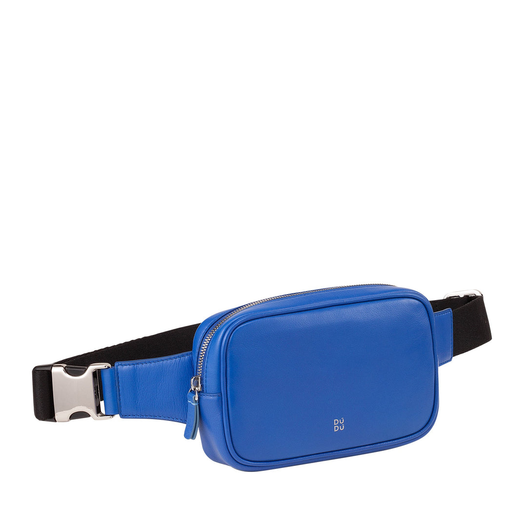Royal blue leather fanny pack with black adjustable strap and silver buckle