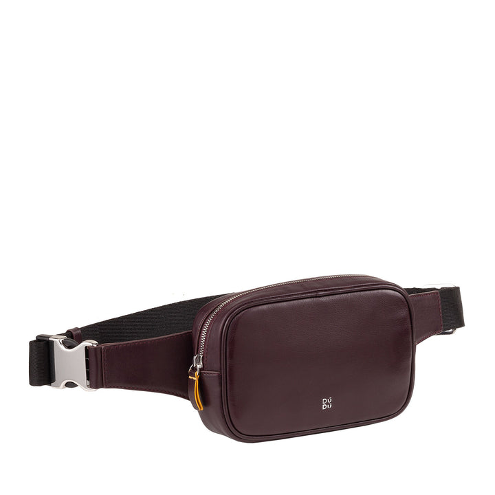 Maroon leather waist bag with black adjustable strap and metal buckle
